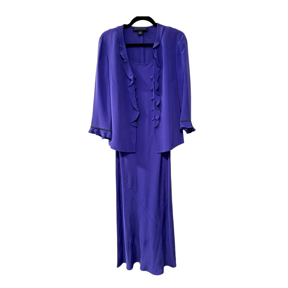 Silk 2 Pc Set Purple Beaded Ruffle Jacket VNTG A-Line Maxi Slip Dress Jones NY 8 - Picture 2 of 11